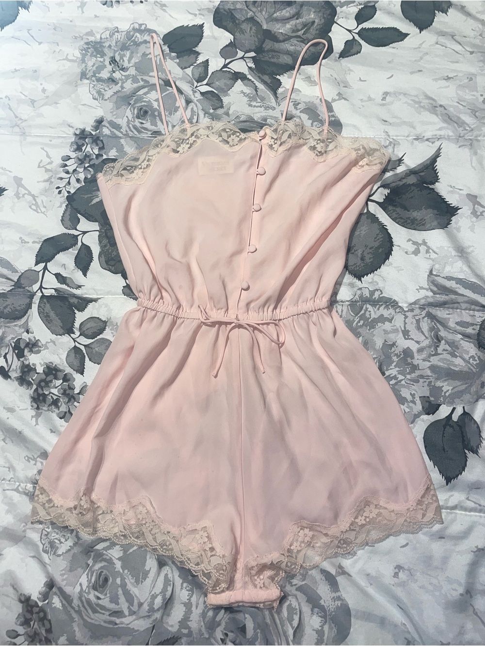 Vintage Victoria's Secret Gold Label Pale Pink Lace-Trim Teddy Romper